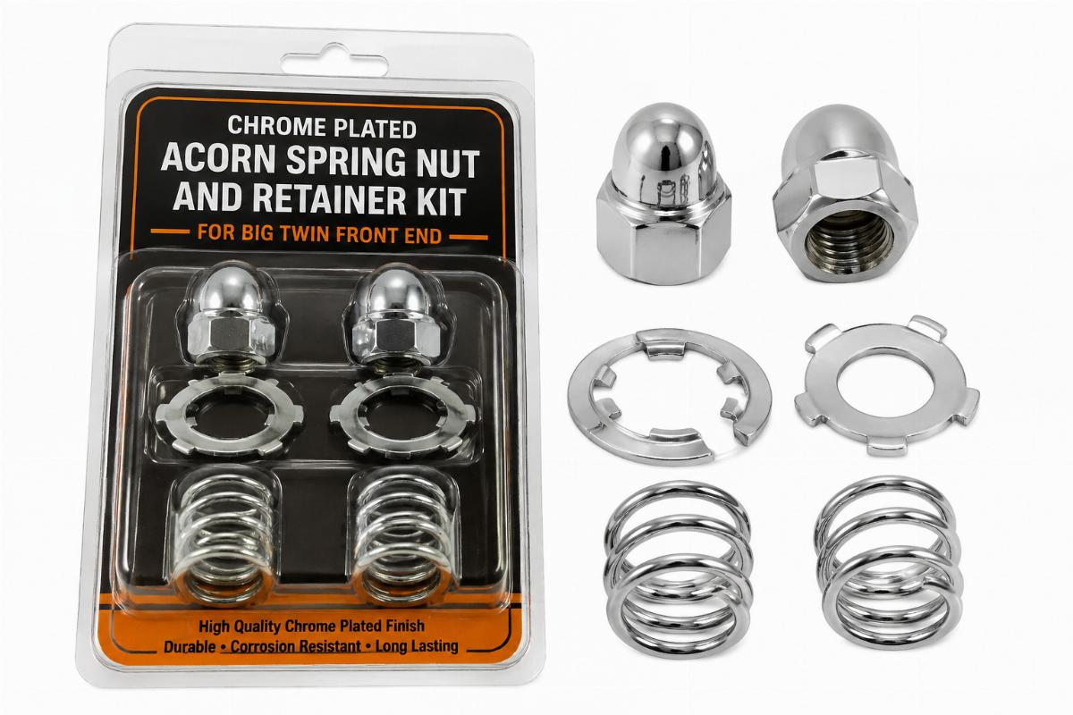 Chrome plated acorn spring nut and retainer kit for big twin front end