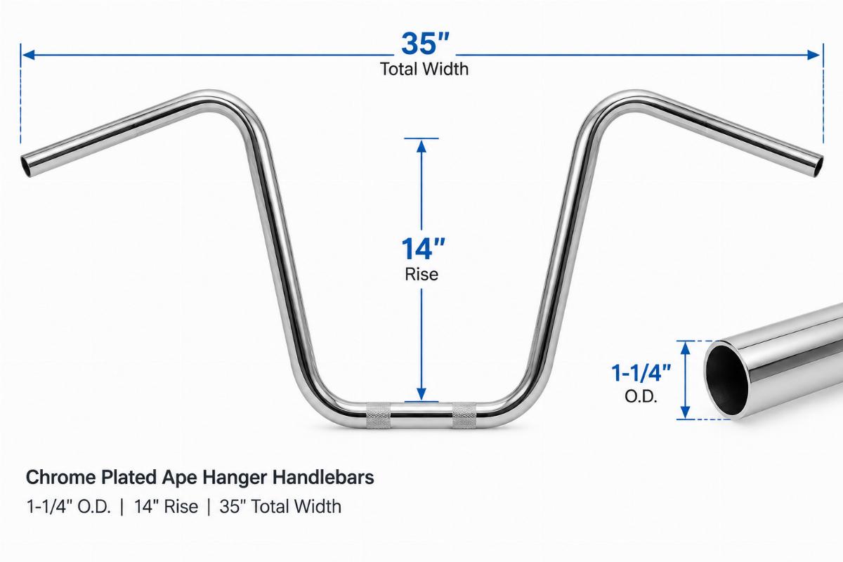 Chrome plated ape hanger handlebars 1-1/4" o.d. showing 14 inch rise and 35 inch total width