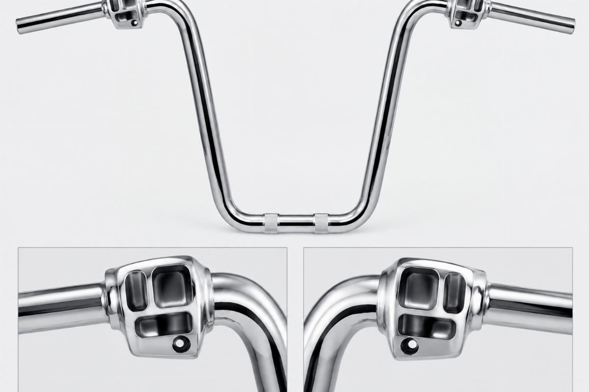 Chrome plated ape hanger handlebars for harley-davidson showing dimpled switch housing areas