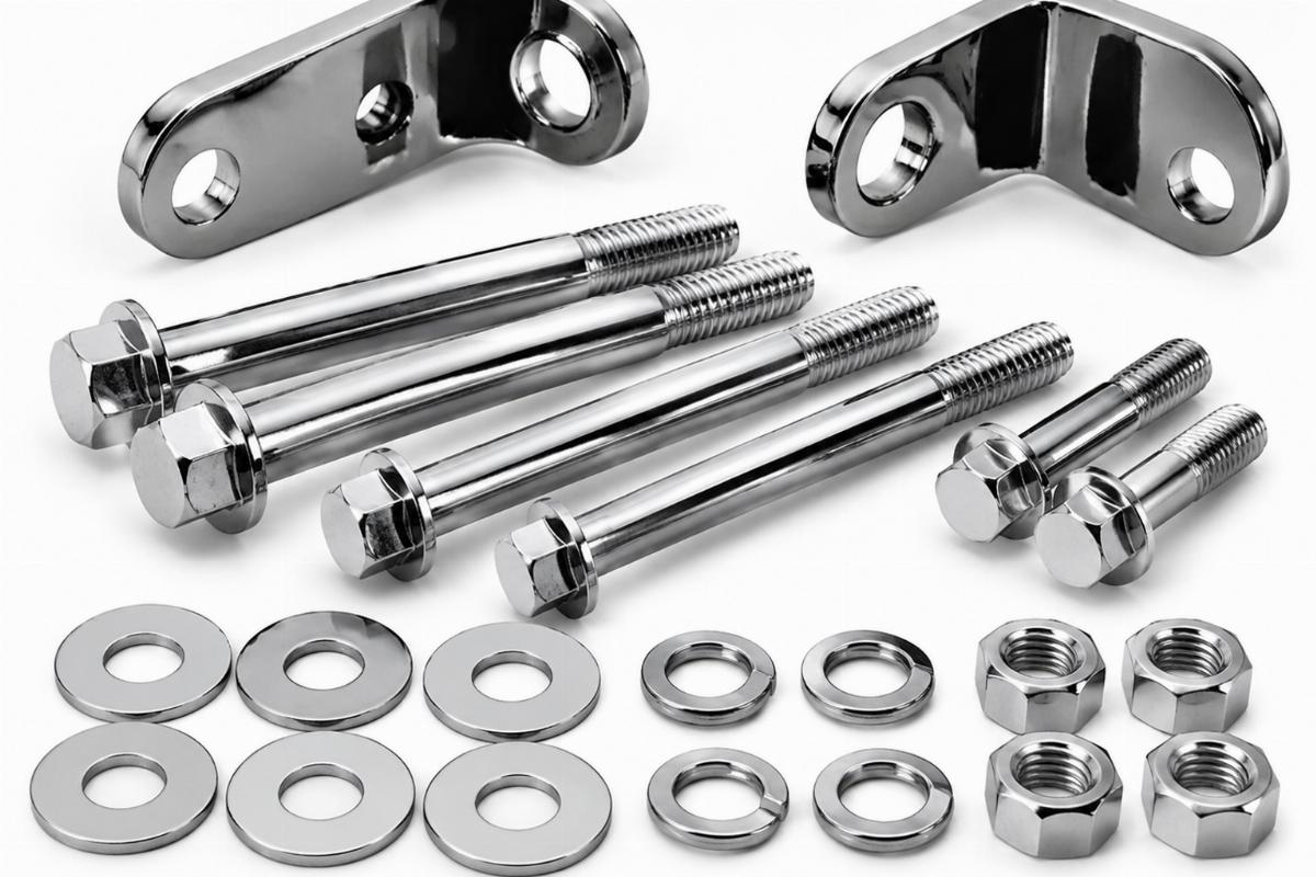 Chrome plated bracket bolt washers for big twin front end hardware