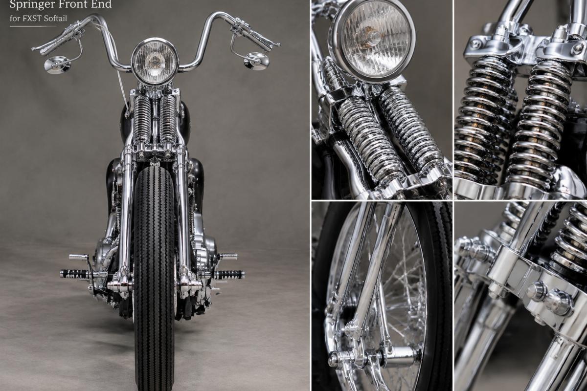 Chrome plated custom springer front end for fxst softail showing front view and finish detail