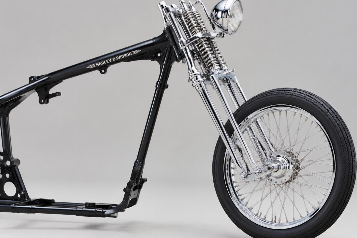 Chrome plated custom springer front end for Harley-Davidson frames side view
