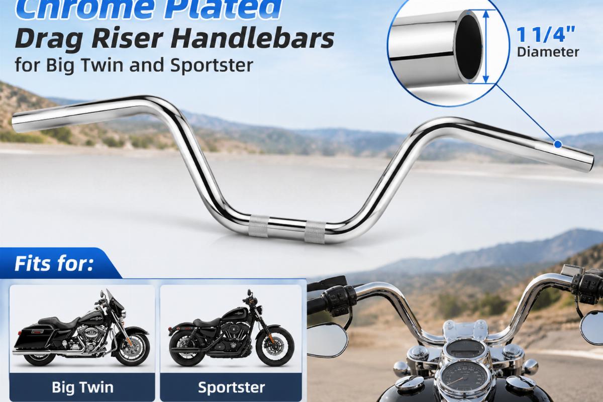Chrome plated drag riser handlebars for big twin and sportster showing 1 1/4 inch diameter