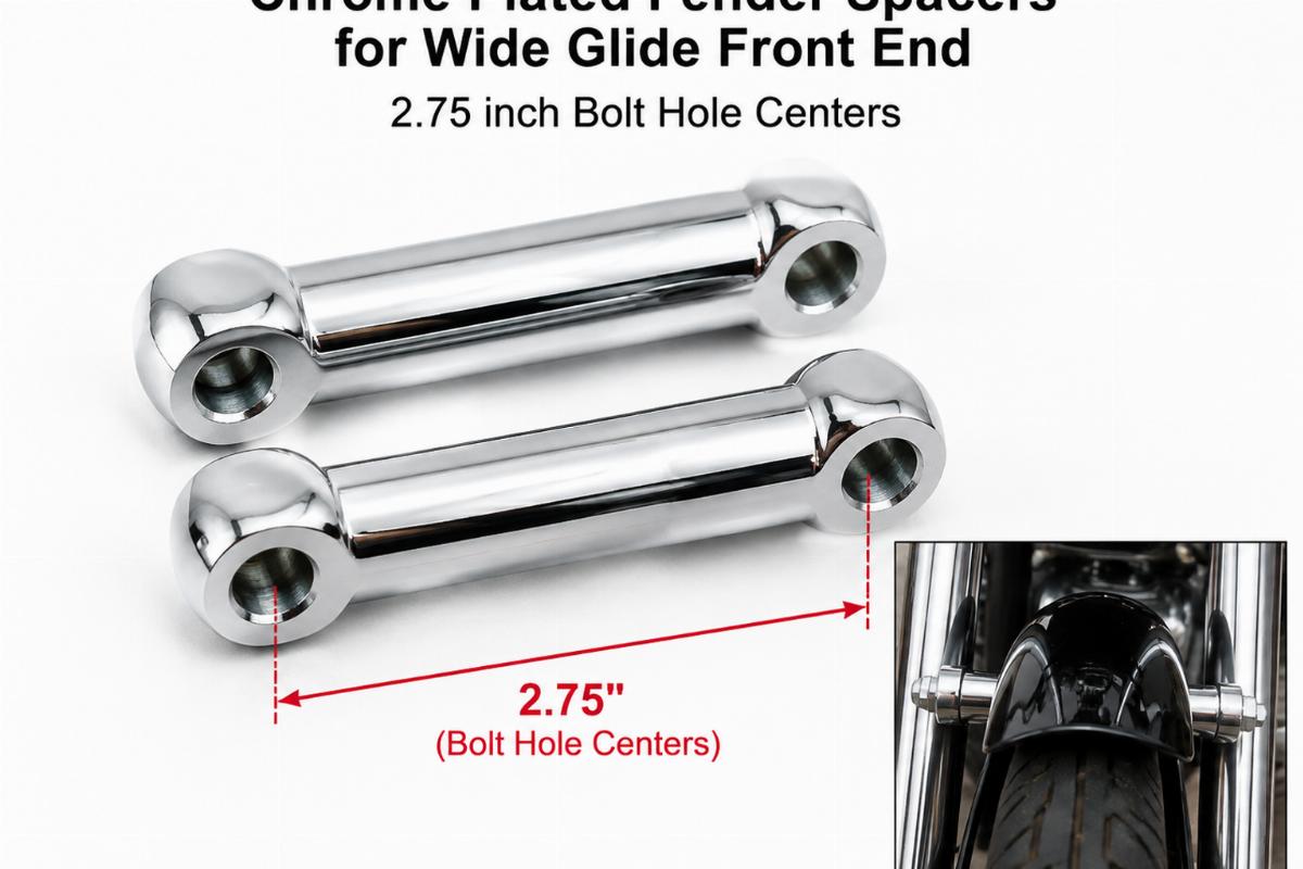 Chrome plated fender spacers for wide glide front end showing 2.75 inch bolt hole centers
