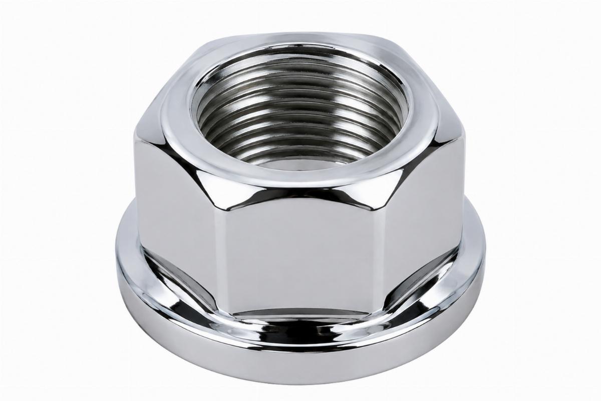 Chrome plated fork stem nut for big twin Deuce front view