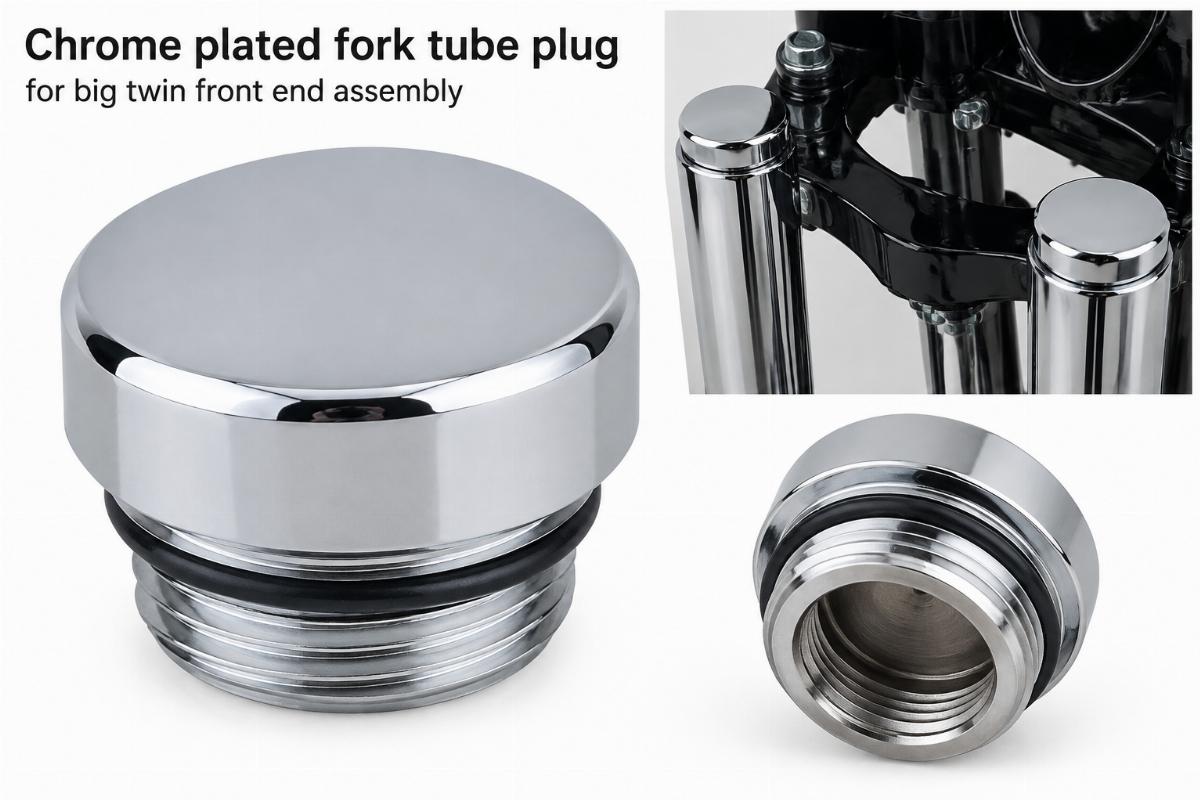 Chrome plated fork tube plug for big twin front end assembly