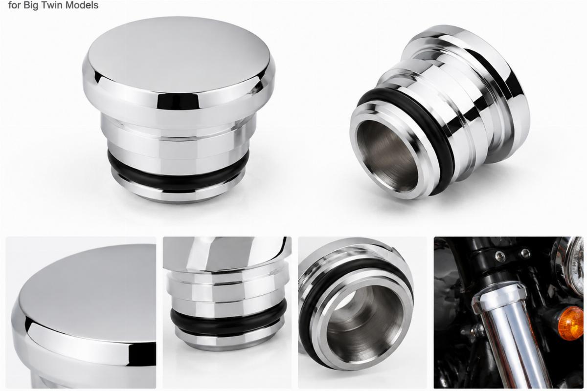 Chrome plated fork tube plug for big twin models showing finish detail
