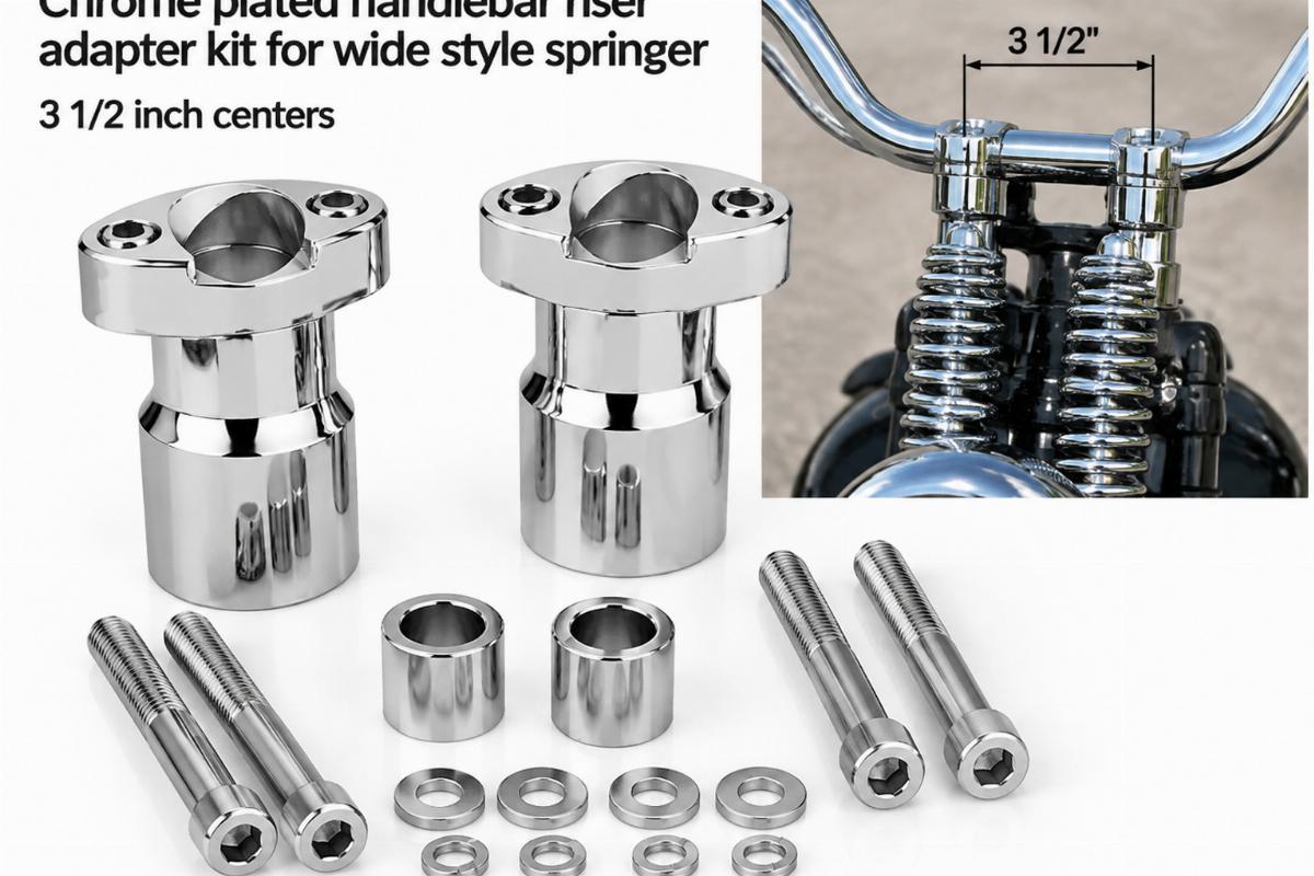 Chrome plated handlebar riser adapter kit for wide style springer showing 3 1/2 inch centers