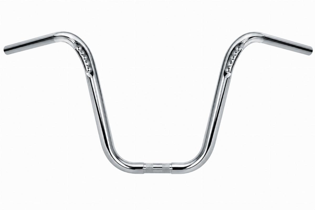 Chrome plated high buckhorn handlebars for Harley-Davidson 1982-later showing dimpled control area
