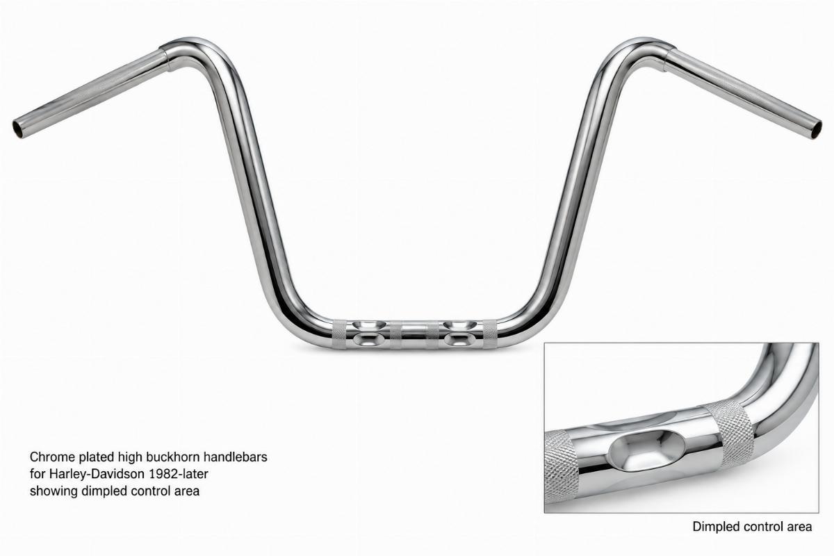 Chrome plated high buckhorn handlebars for Harley-Davidson 1982-later showing dimpled control area