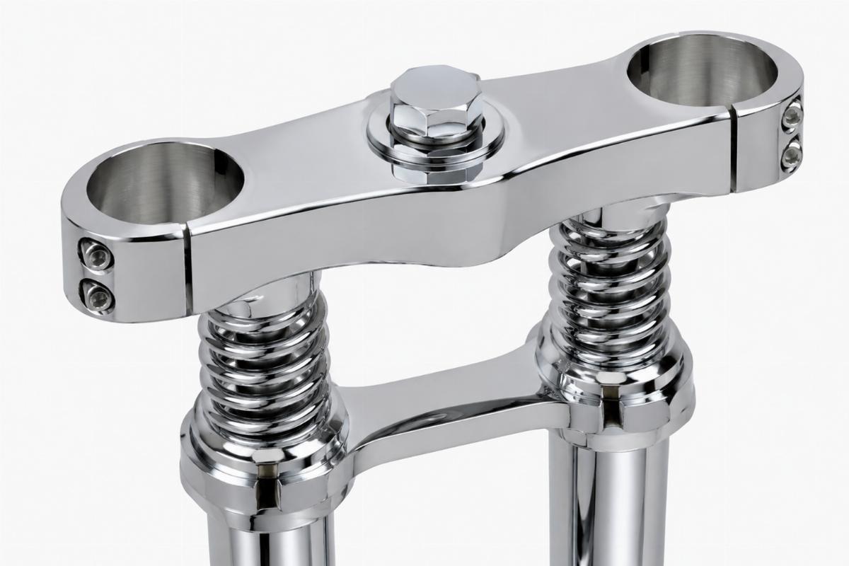 Chrome plated inline springer fork top triple tree without ears