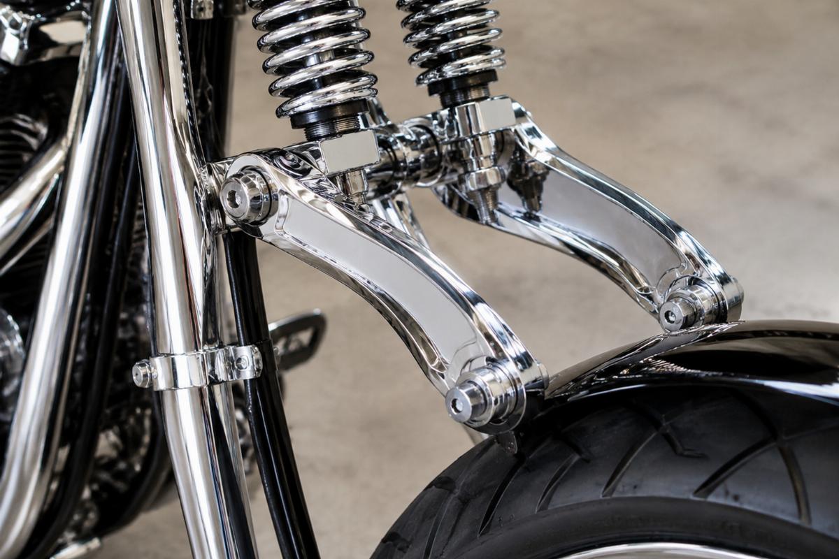 Chrome plated lower rockers for wide style springer front end close up view