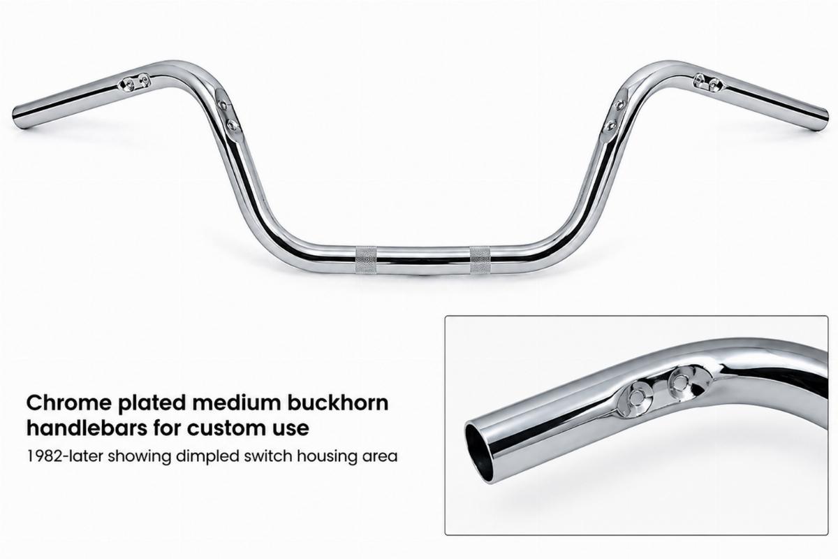 Chrome plated medium buckhorn handlebars for custom use 1982-later showing dimpled switch housing area