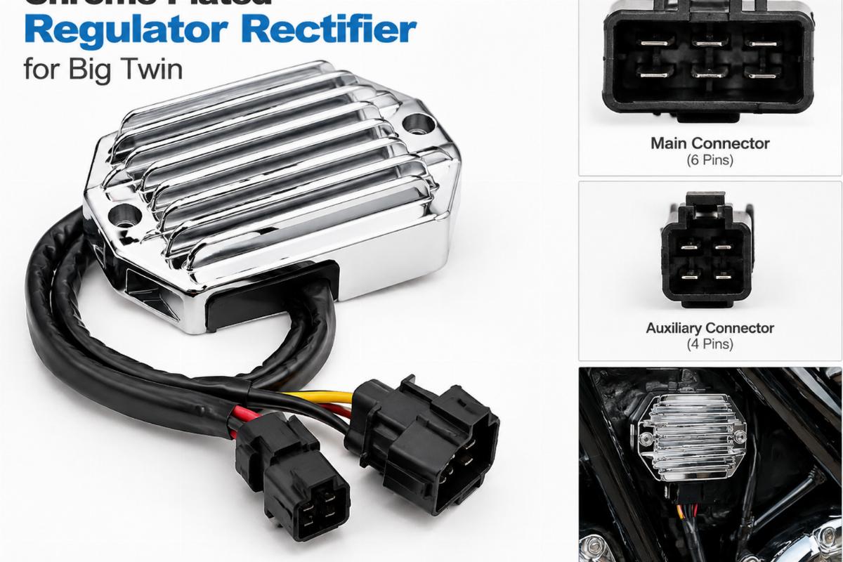 Chrome plated regulator rectifier for big twin showing connector detail