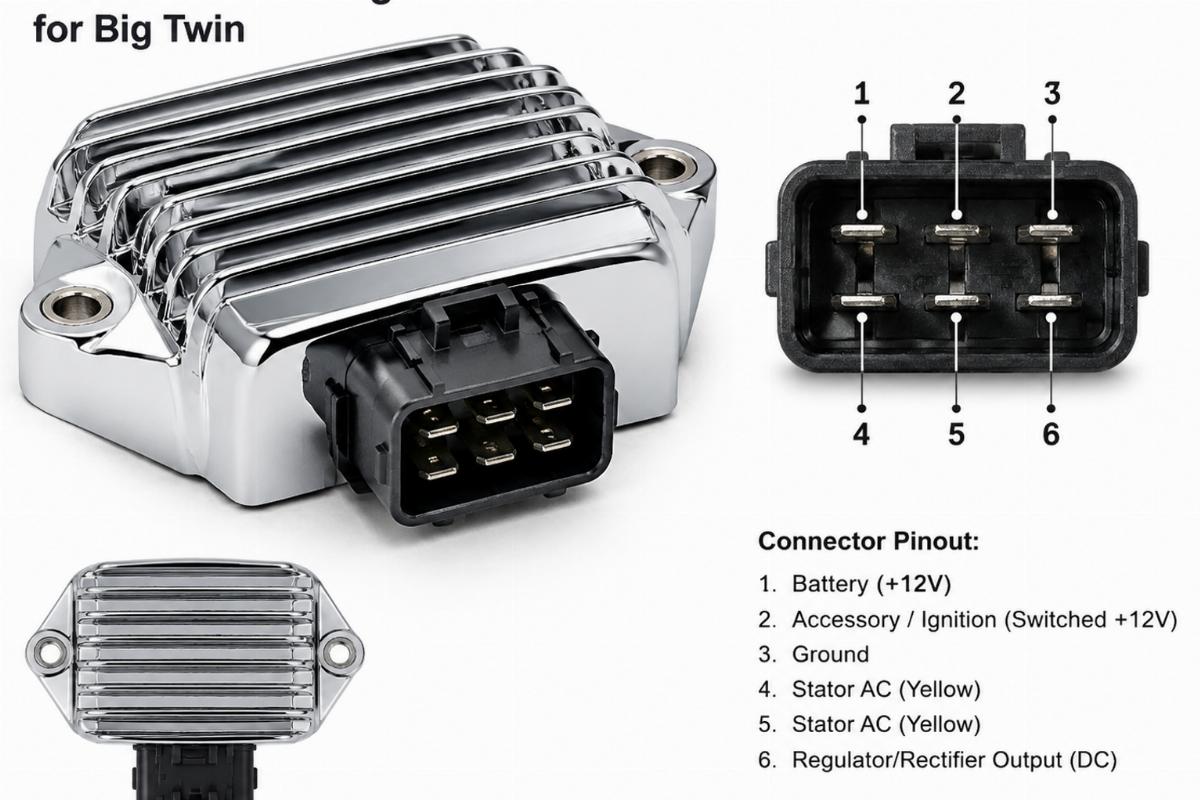 Chrome plated regulator rectifier for big twin showing connector pins