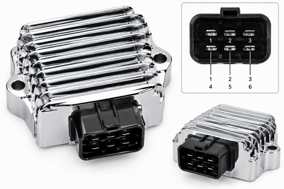 Chrome plated regulator/rectifier for big twin showing connector pins