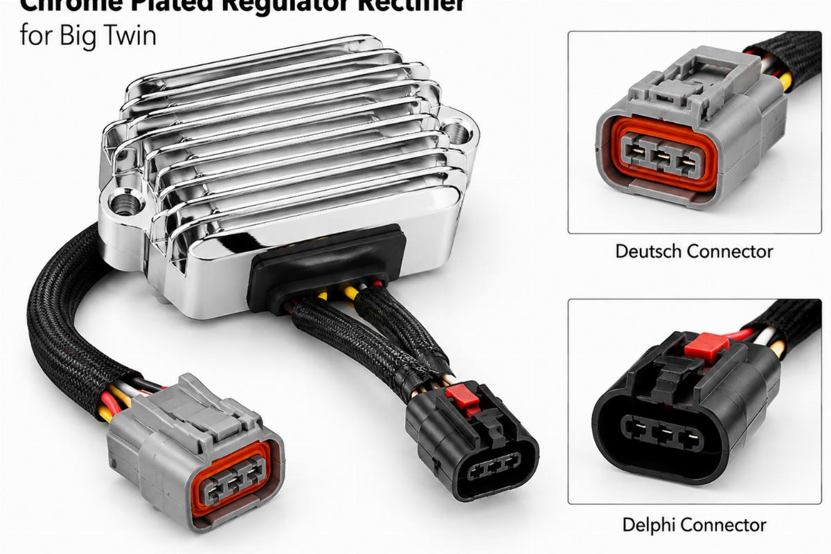 Chrome plated regulator rectifier for big twin showing Deutsch and Delphi connector details