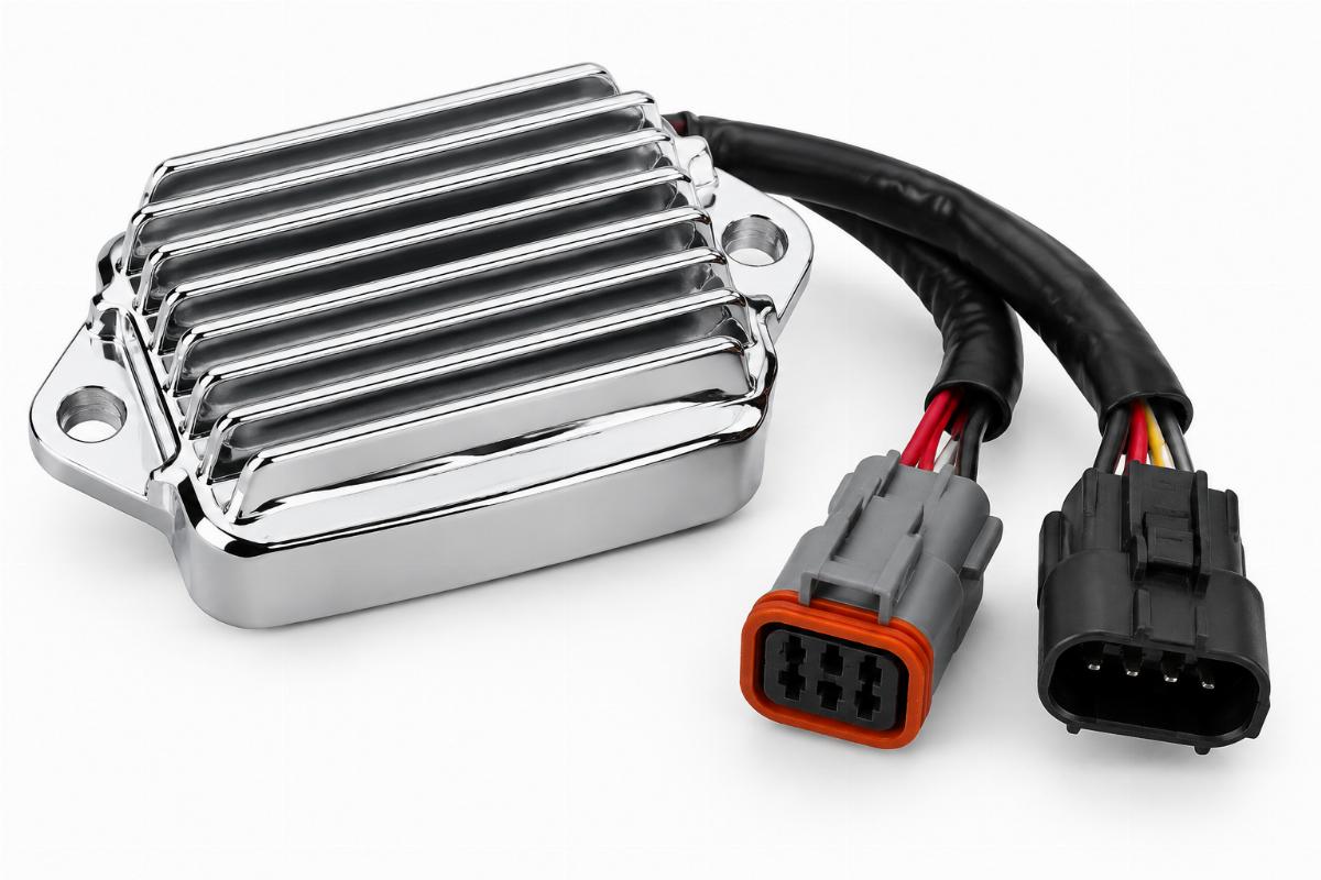 Chrome plated regulator rectifier for harley-davidson big twin showing Deutsch and Delphi connectors