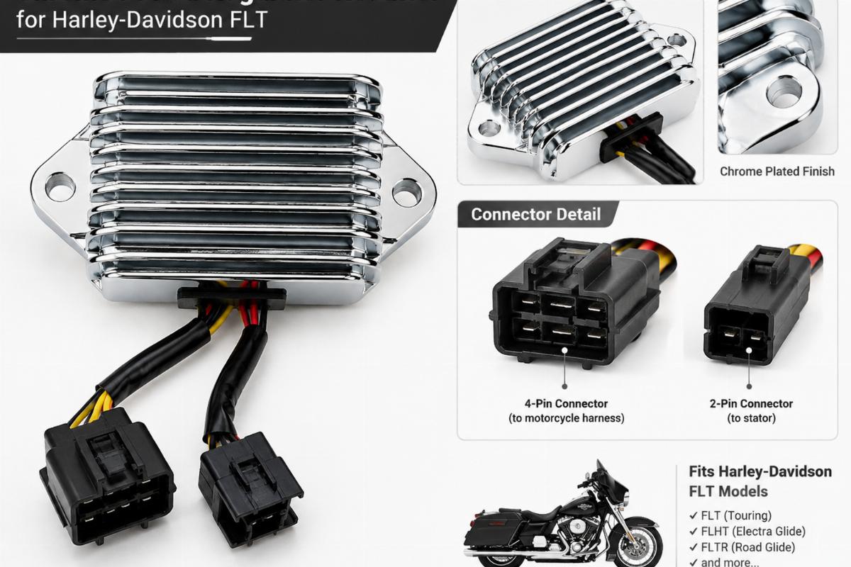Chrome plated regulator rectifier for harley-davidson flt showing connector detail