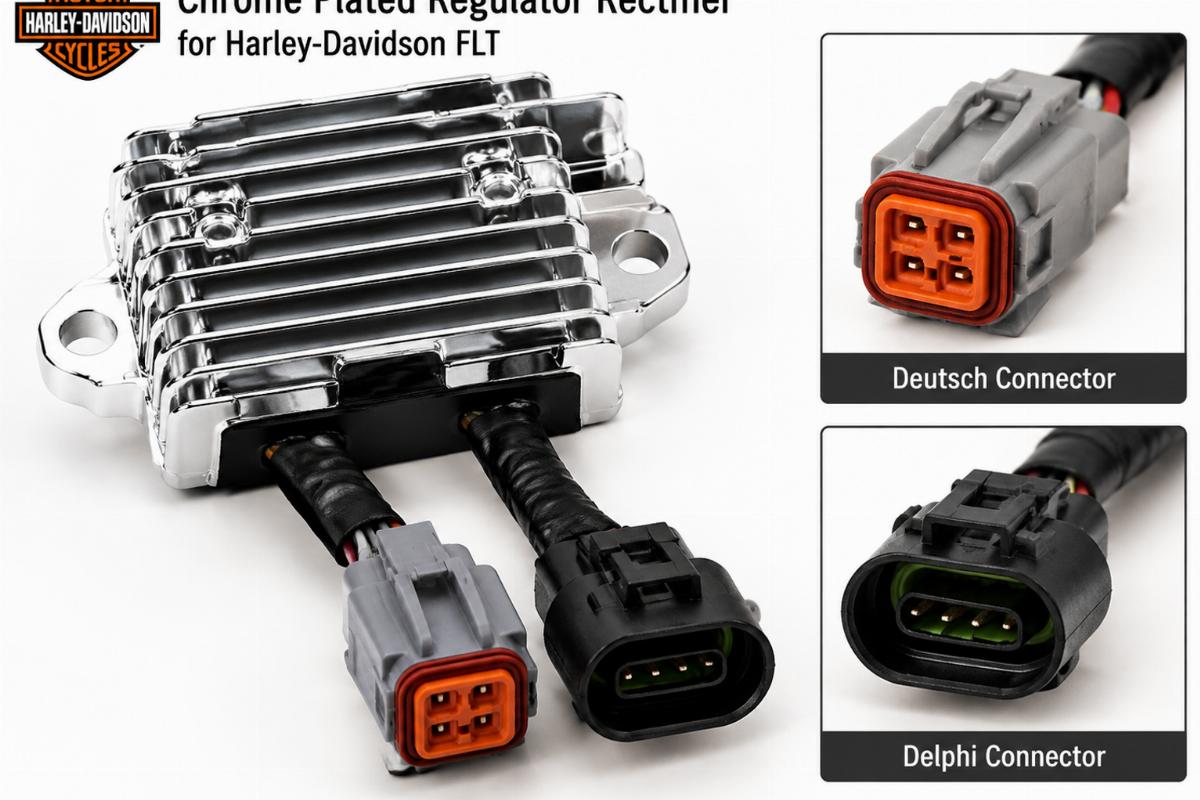 Chrome plated regulator rectifier for harley-davidson flt showing Deutsch and Delphi connectors