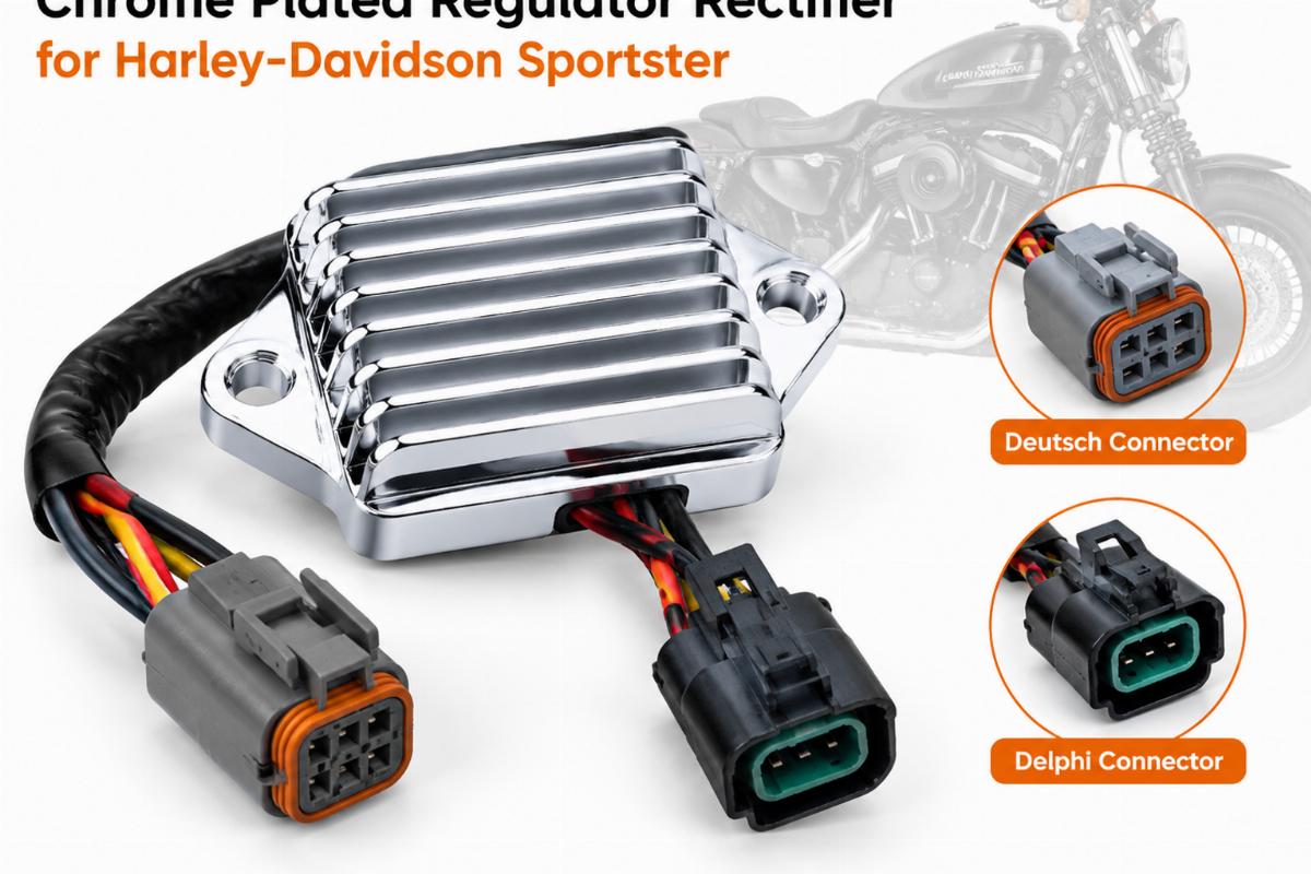 Chrome plated regulator rectifier for Harley-Davidson Sportster showing Deutsch and Delphi connectors
