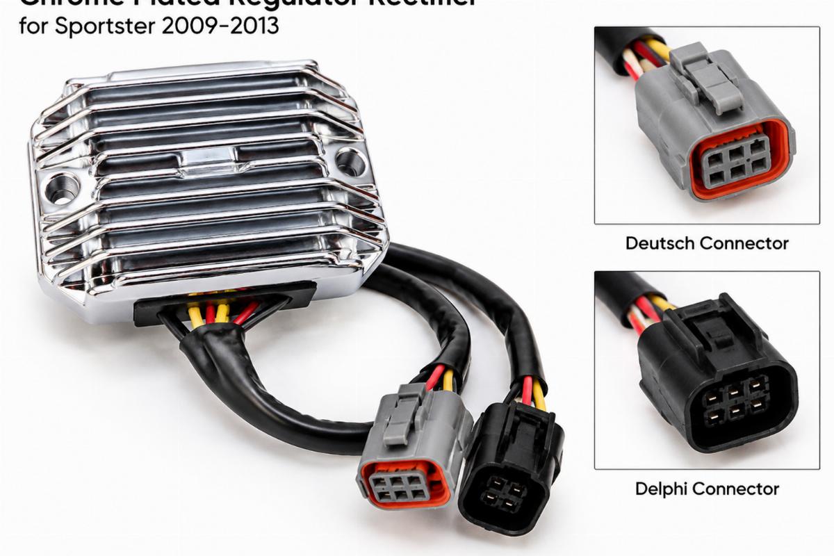 Chrome plated regulator rectifier for Sportster 2009-2013 showing Deutsch and Delphi connectors