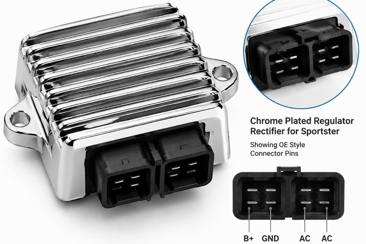 Chrome plated regulator rectifier for sportster showing OE style connector pins