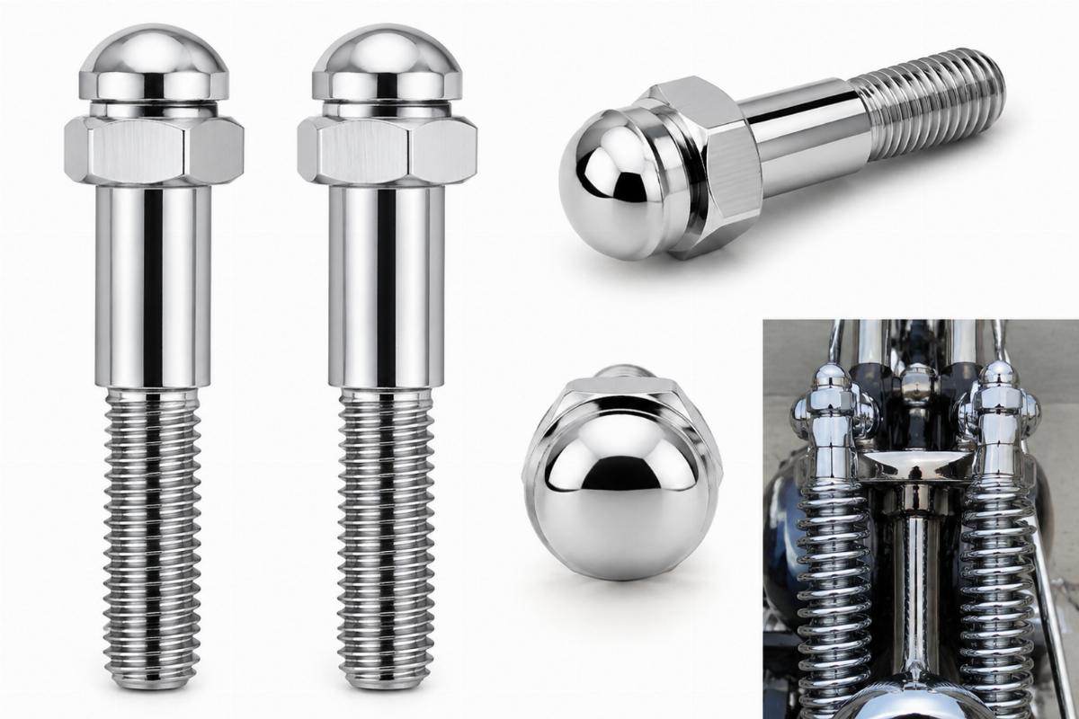 Chrome plated rocker studs for wide style springer front end view
