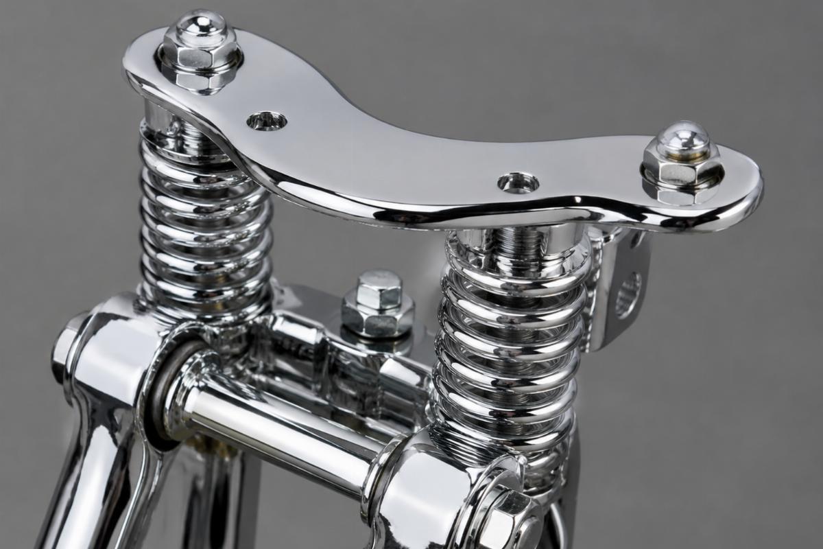 Chrome plated spring seat top for wide style springer front end detail view