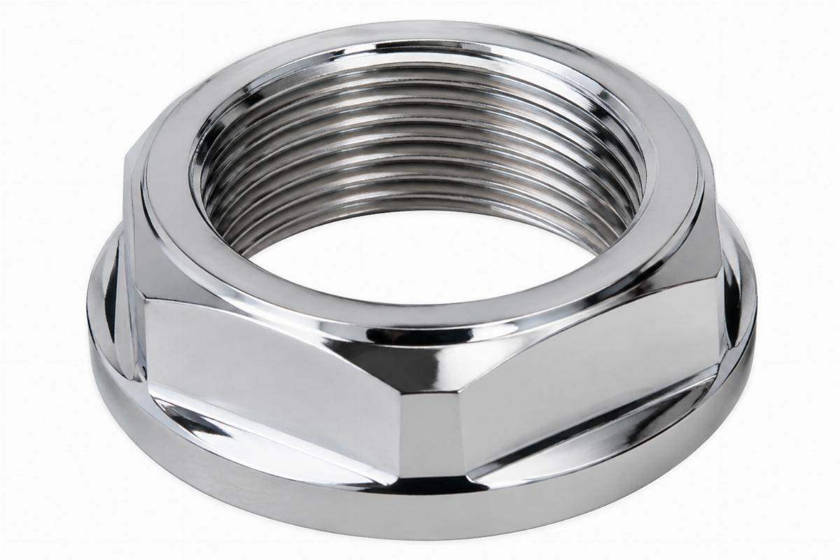 Chrome plated steering stem nut for Harley-Davidson FX and FXR showing thread detail