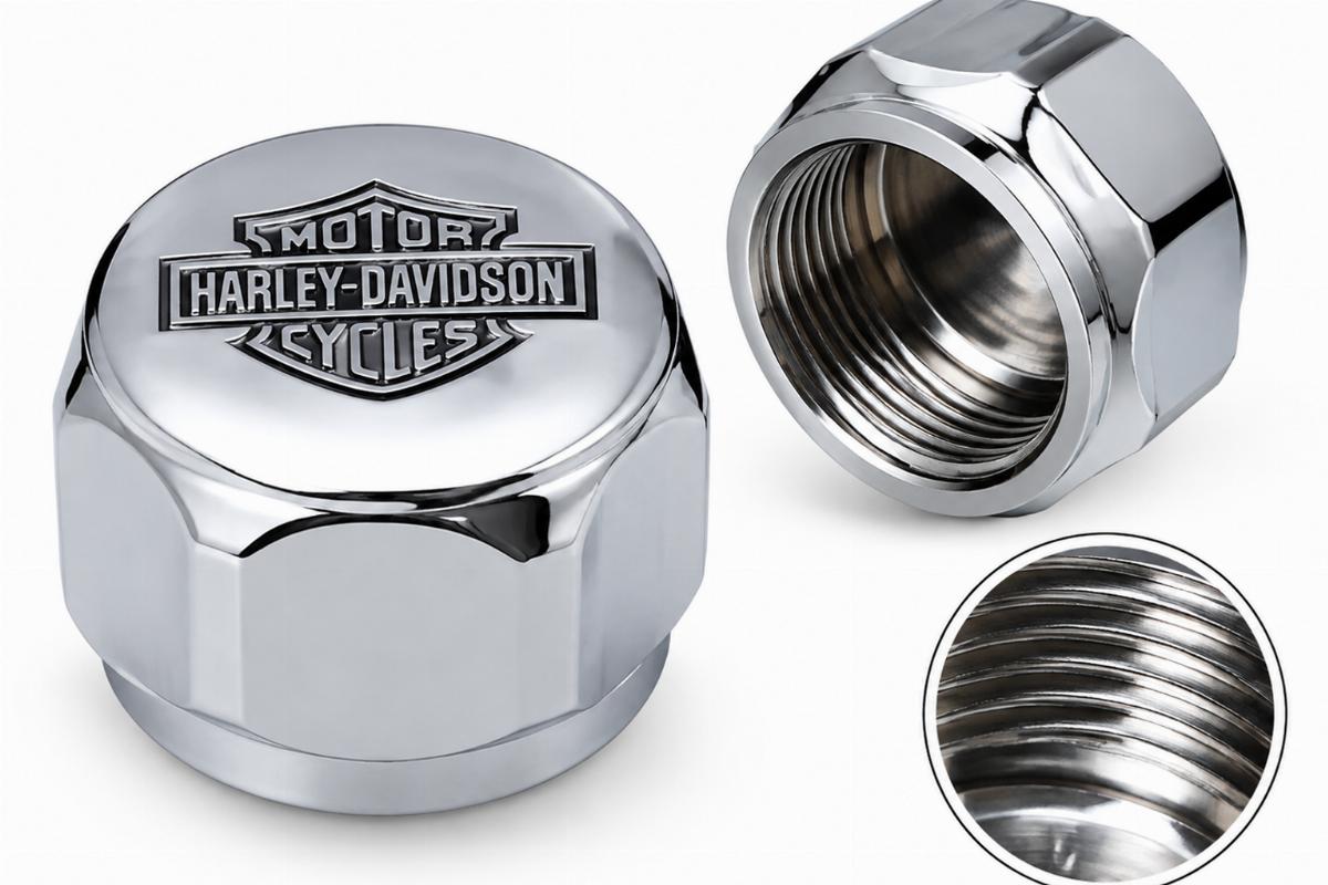 Chrome plated stem bolt cap for harley-davidson showing thread detail