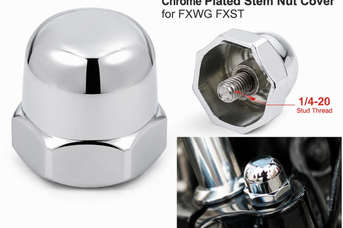 Chrome plated stem nut cover for fxwg fxst showing 1/4-20 stud thread