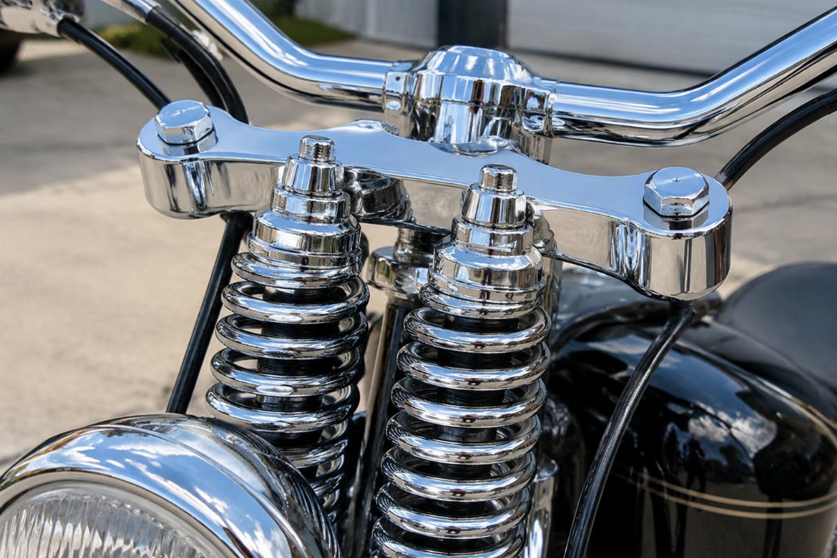 Chrome plated top tree for wide style springer front end showing finish detail