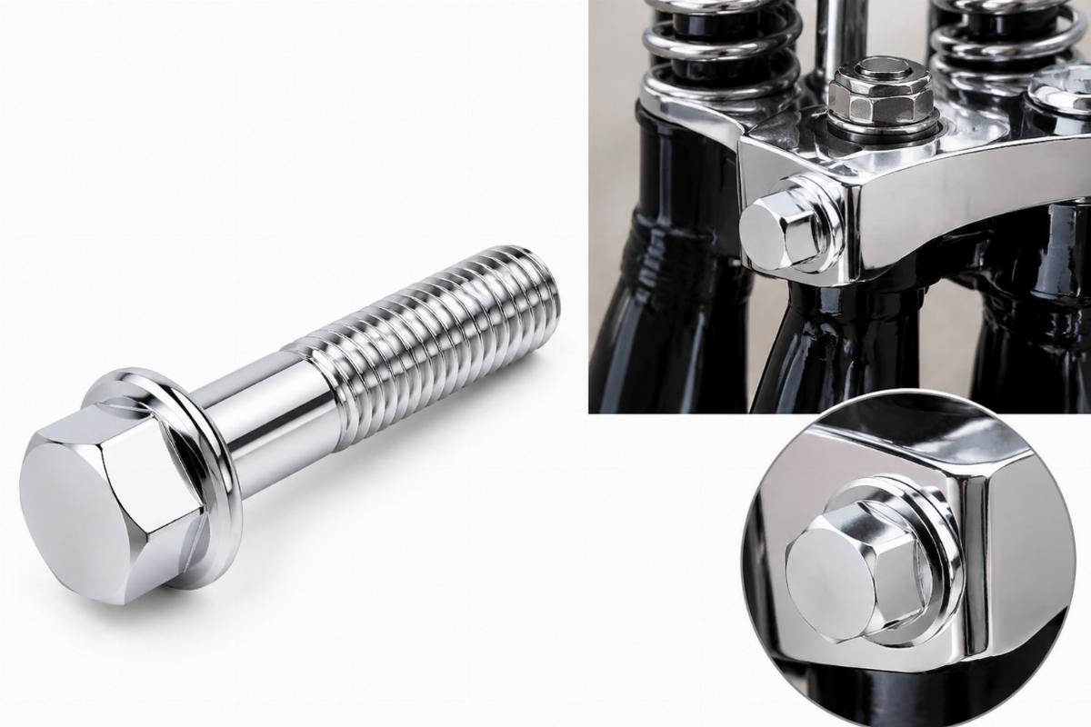 Chrome plated triple clamp pinch bolt for big twin early springer front end assembly