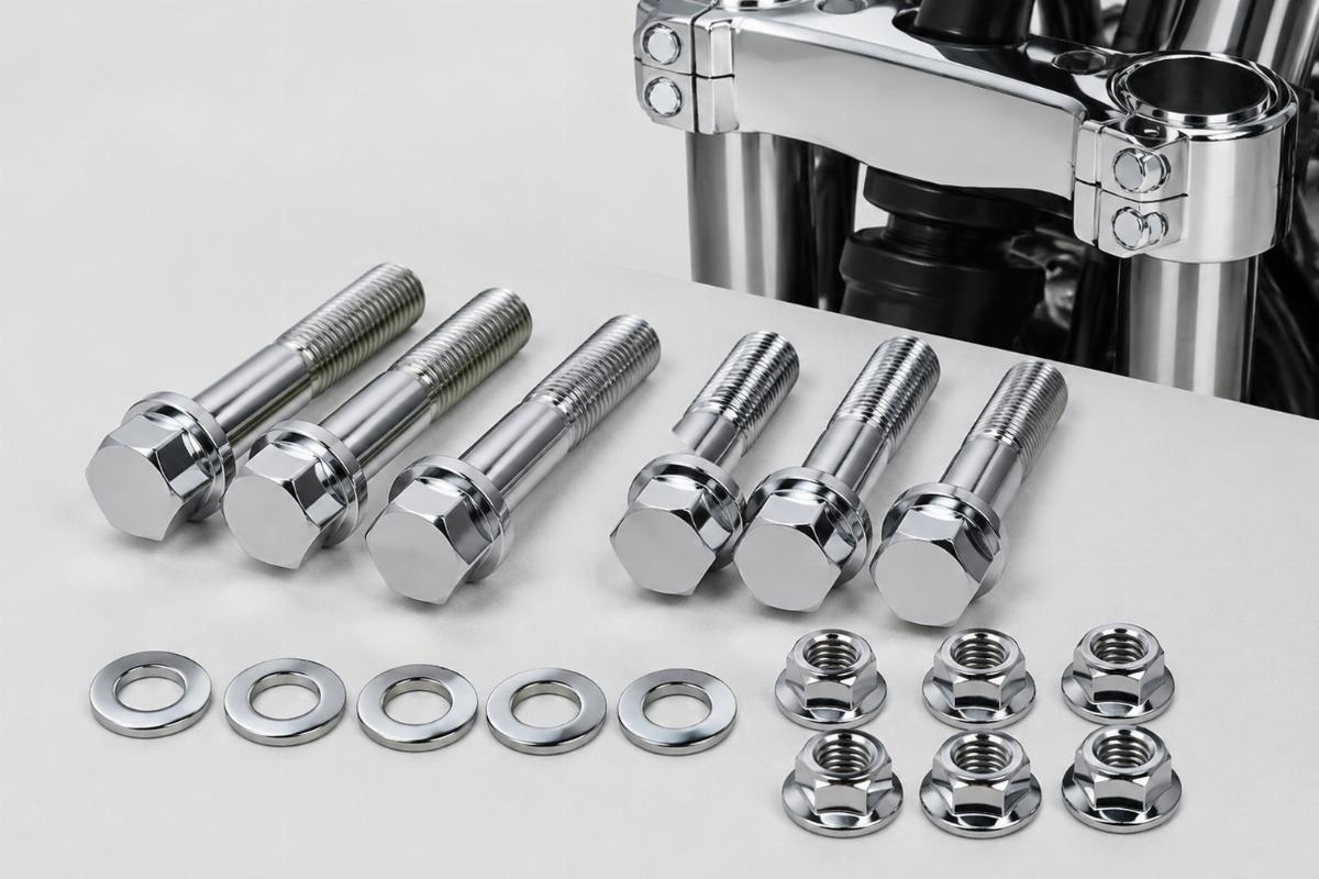 Chrome plated triple clamp pinch bolt set for big twin front end