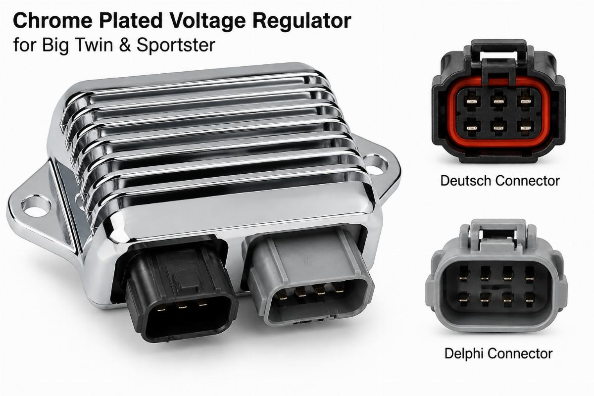Chrome plated voltage regulator for big twin & sportster showing Deutsch and Delphi connector terminals