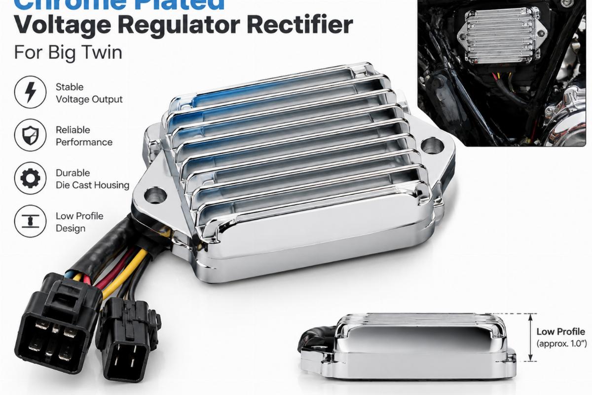 Chrome plated voltage regulator rectifier for big twin showing low profile die cast housing