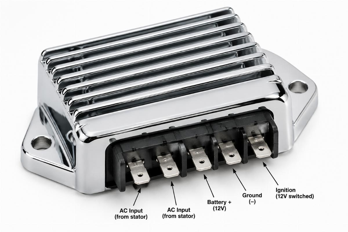 Chrome plated voltage regulator rectifier for big twin showing connector terminals