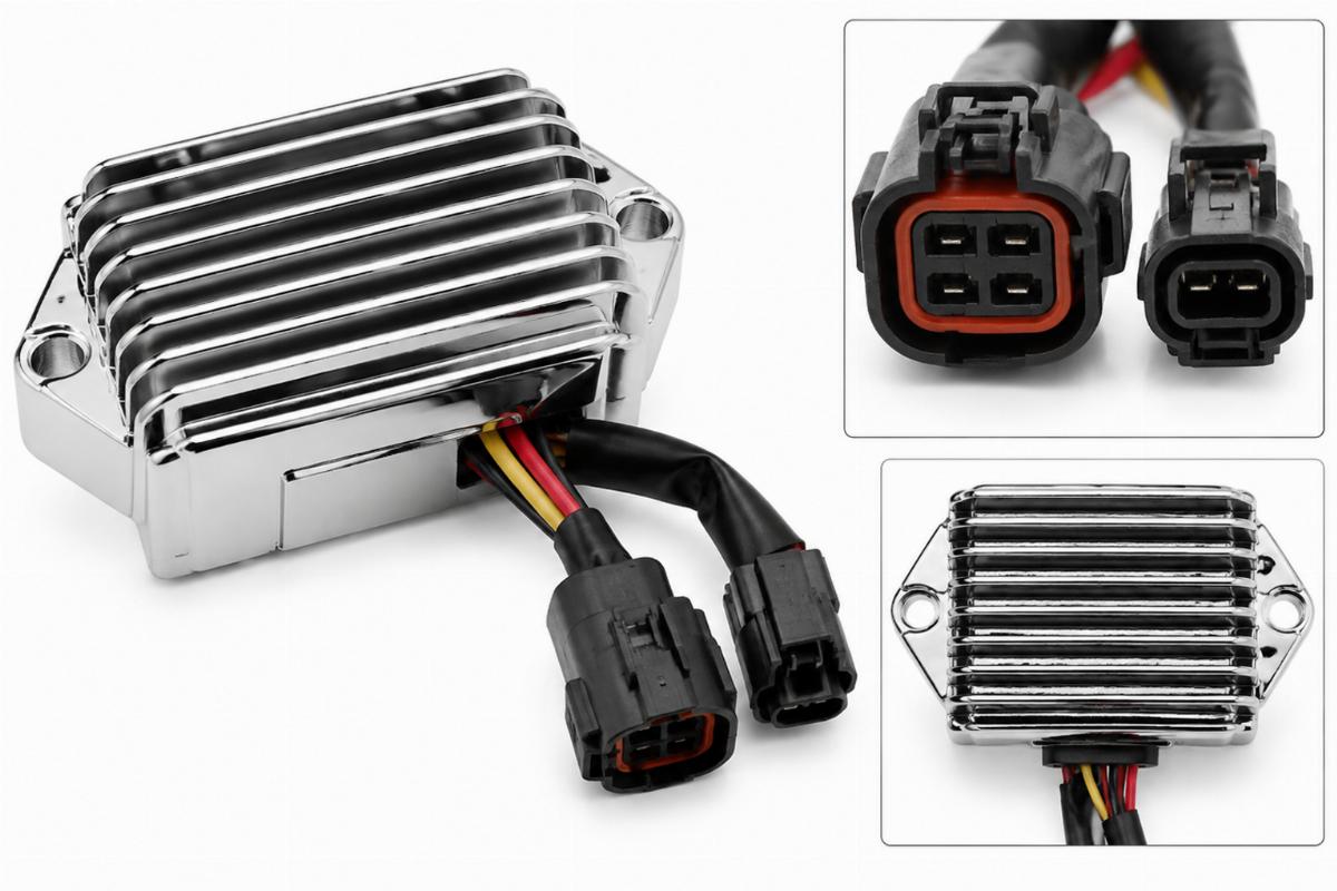 Chrome plated voltage regulator rectifier for harley-davidson flt showing connector detail