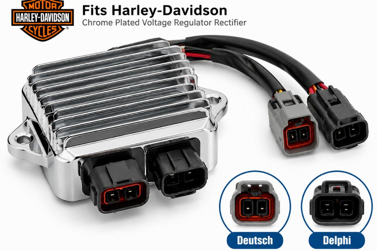 Chrome plated voltage regulator rectifier for harley-davidson showing Deutsch and Delphi connectors