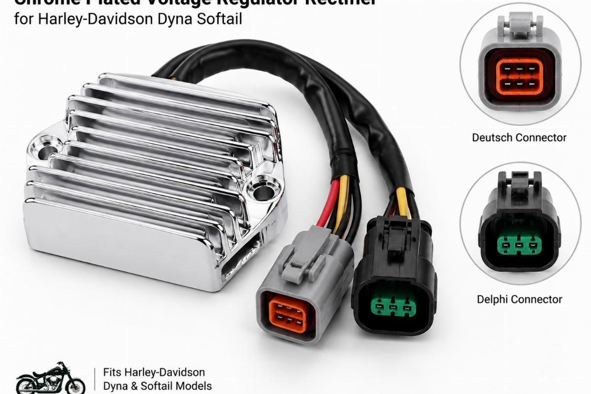 Chrome plated voltage regulator rectifier for Harley-Davidson Dyna Softail showing Deutsch and Delphi connectors