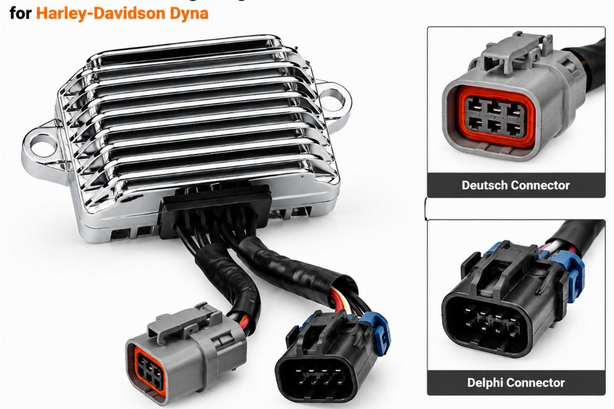 Chrome plated voltage regulator rectifier for harley-davidson dyna showing Deutsch and Delphi connectors