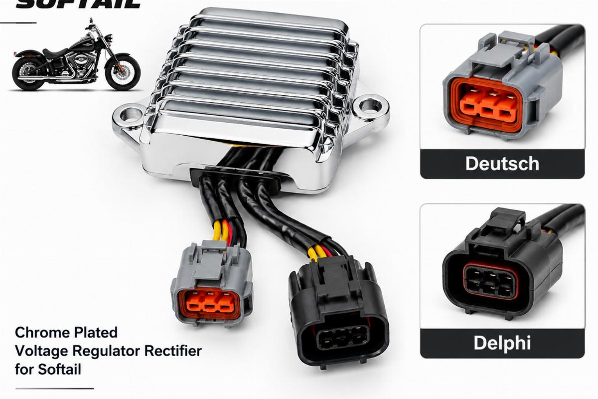 Chrome plated voltage regulator rectifier for softail showing Deutsch and Delphi connectors