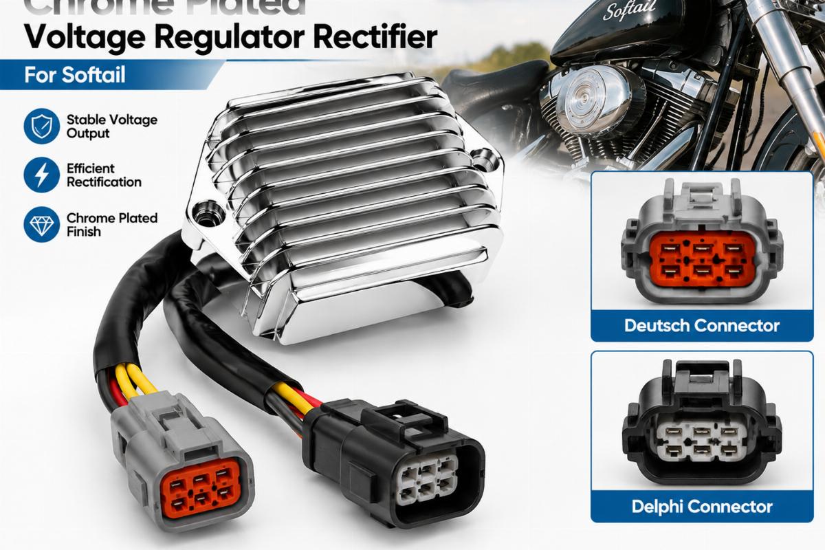 Chrome plated voltage regulator rectifier for Softail showing Deutsch and Delphi connectors