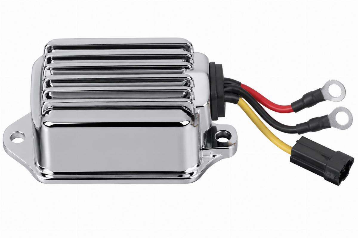 Chrome plated voltage regulator rectifier for sportster generator models side view