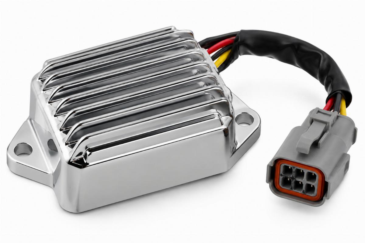 Chrome plated voltage regulator rectifier for sportster showing Deutsch connector