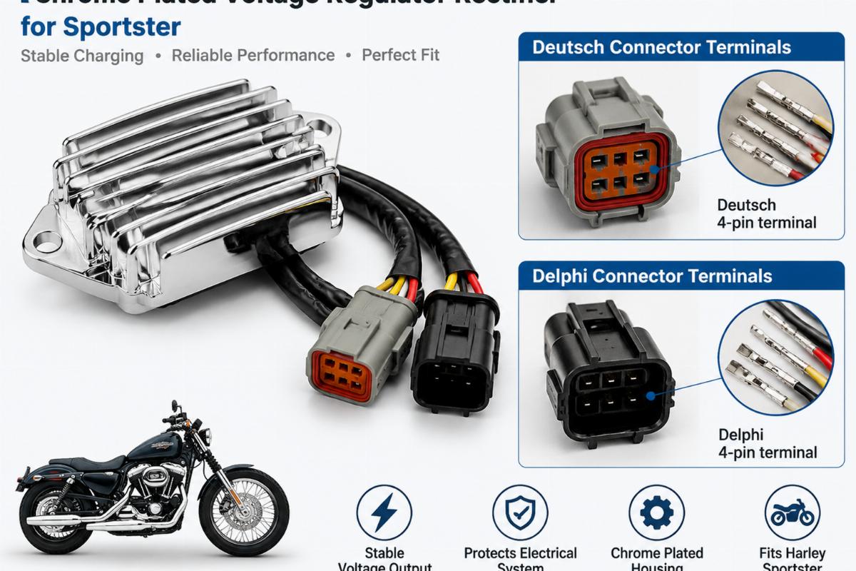 Chrome plated voltage regulator rectifier for sportster showing Deutsch and Delphi connector terminals
