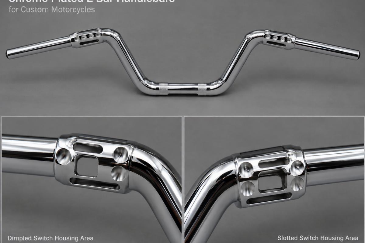 Chrome plated z bar handlebars for custom motorcycles showing dimpled and slotted switch housing area