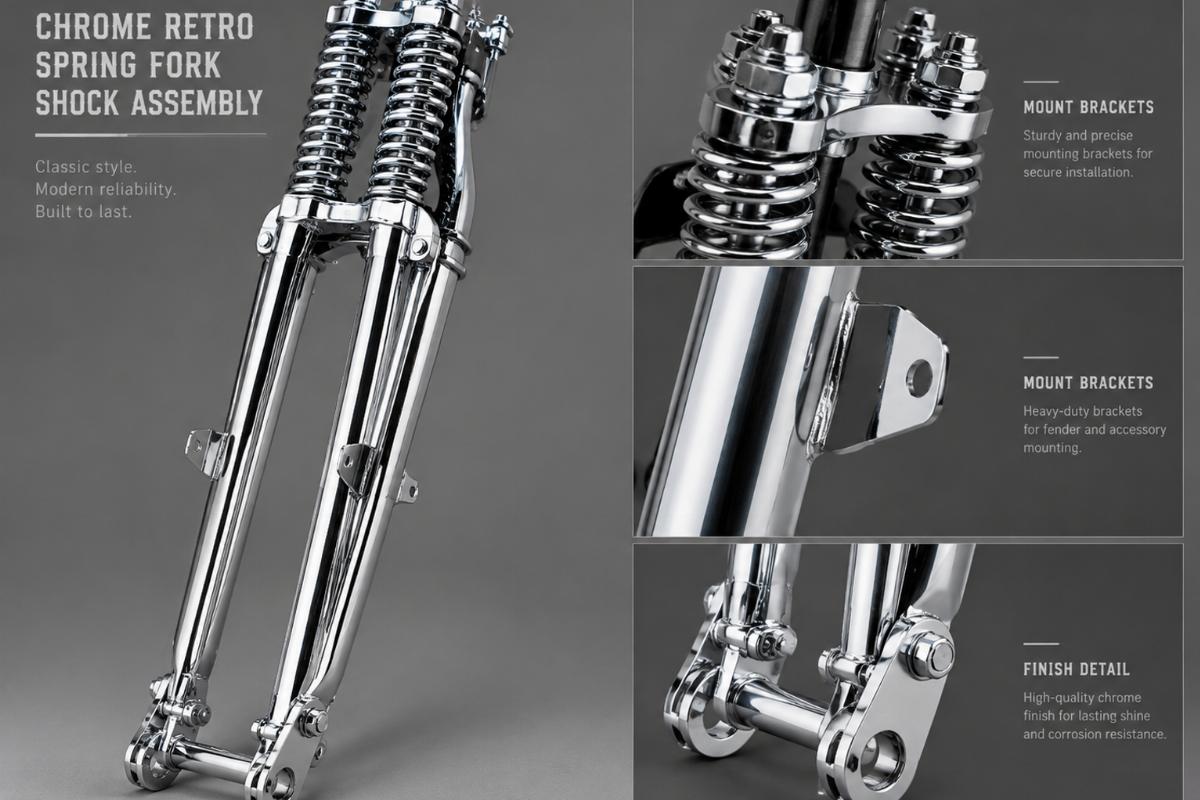 Chrome retro spring fork shock assembly showing mount brackets and finish detail