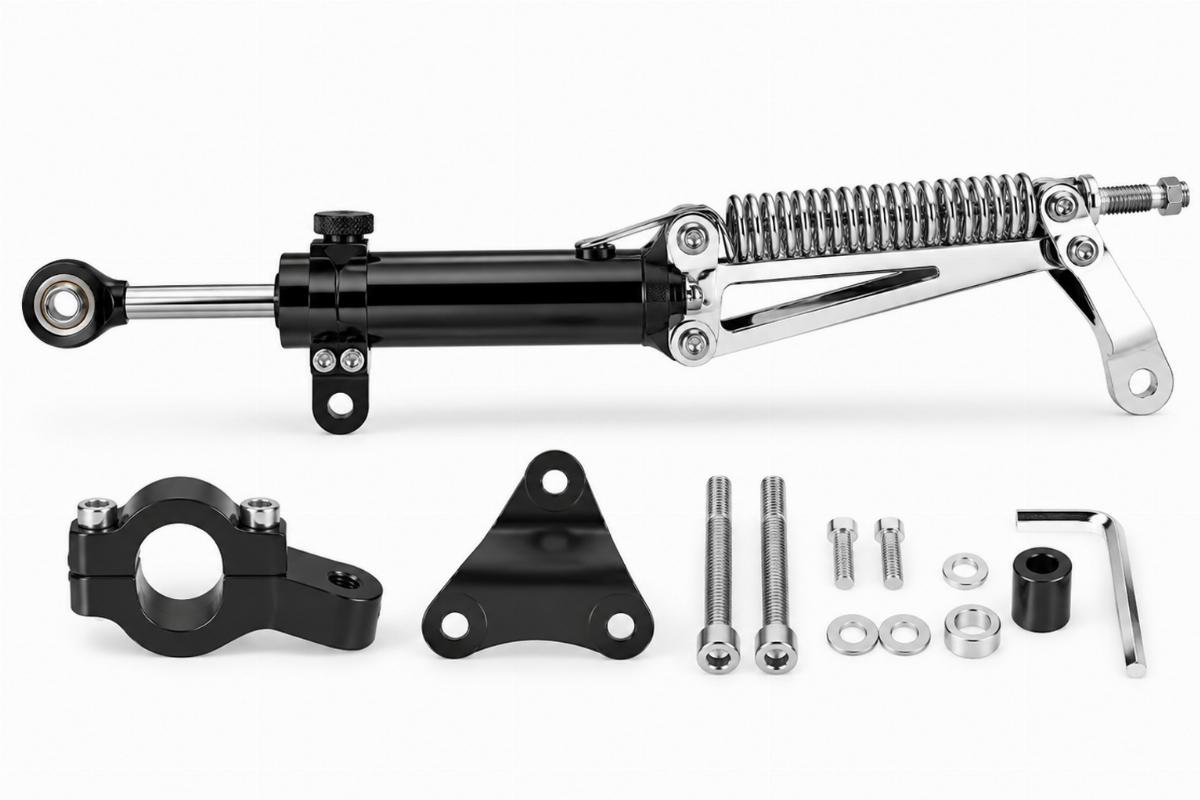 Chrome scissor spring fork steering damper kit motorcycle aftermarket side view